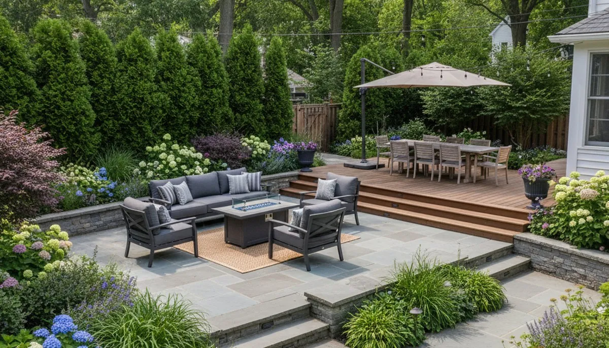 Backyard patio landscaping with lighting and plantings by professional landscapers in Philadelphia, PA