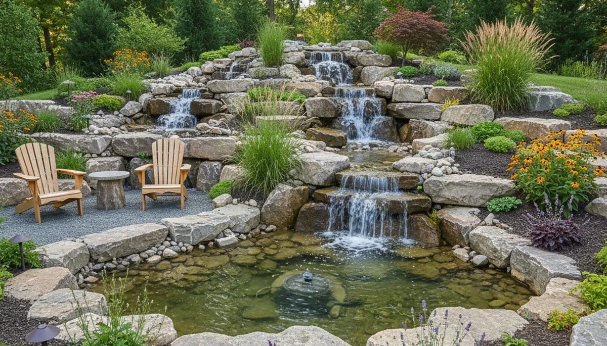 Multi-tiered backyard waterfall with rock garden by landscapers in Oaklyn, NJ near Philadelphia, PA