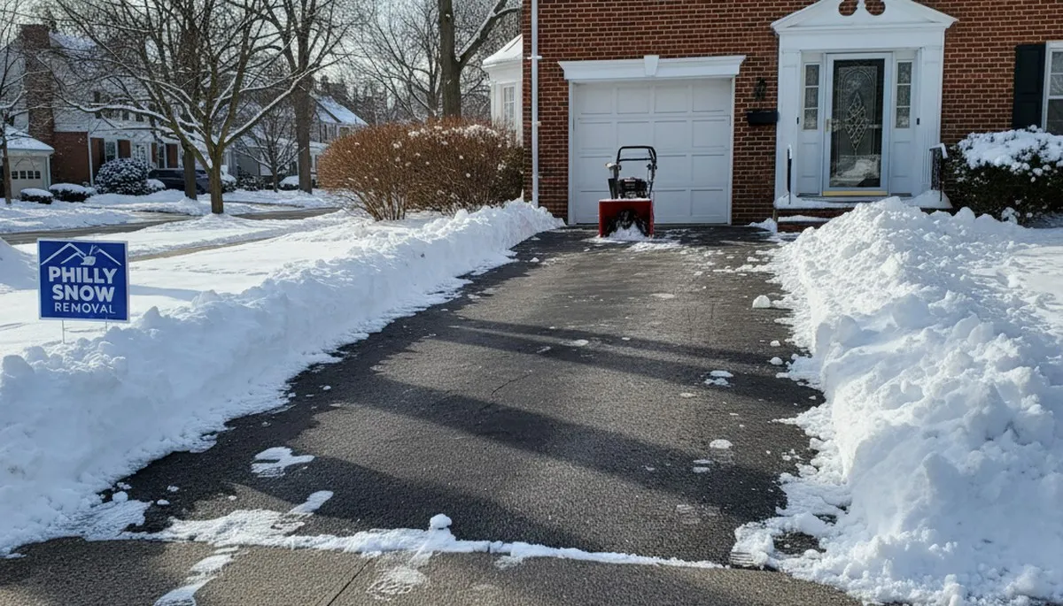 Cleared residential driveway after professional snow removal by Chop Chop Landscaping in Philadelphia, PA