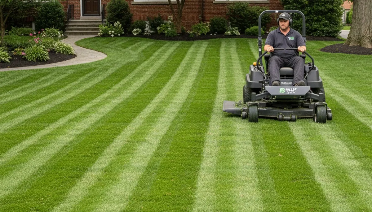 Professional landscaper mowing striped lawn with commercial mower in Philadelphia, PA