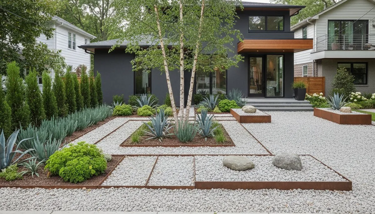 Modern pea gravel landscaping with clean lines and geometric design in Philadelphia, PA