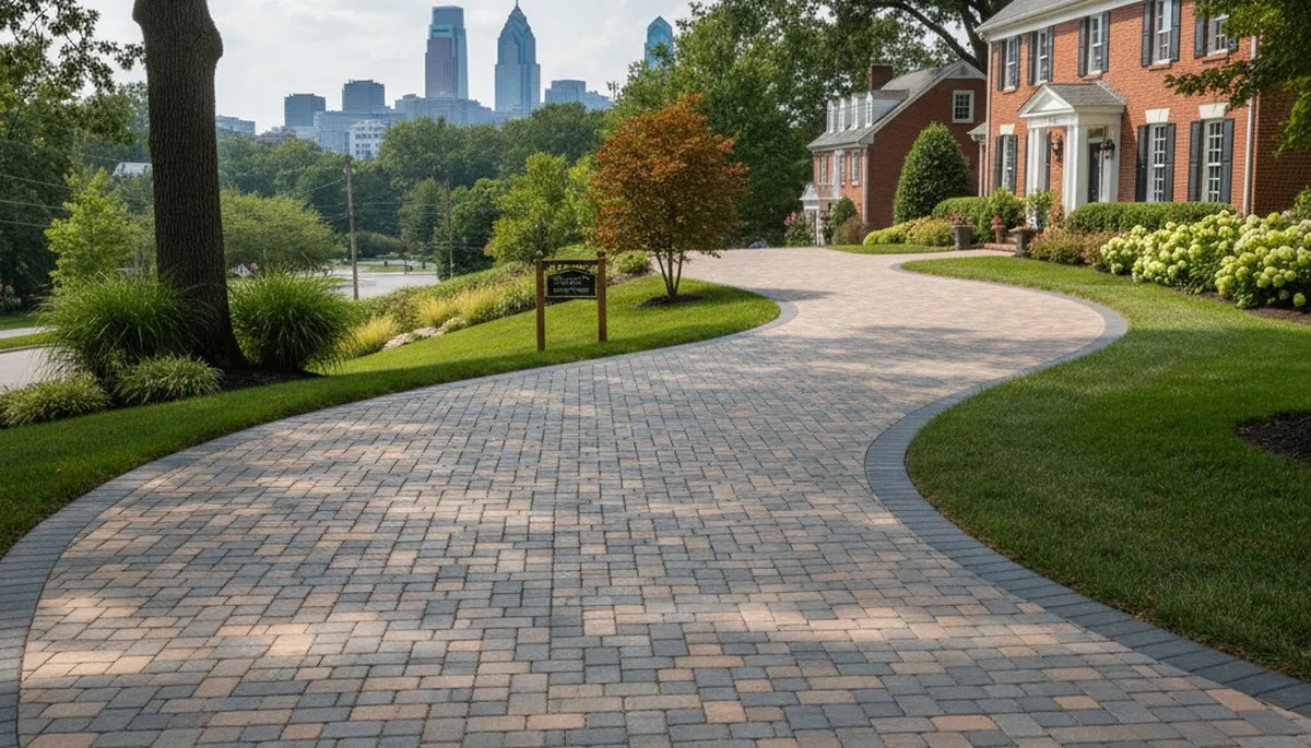 Curved paver driveway design by professional landscapers in Philadelphia, PA showcasing expert craftsmanship