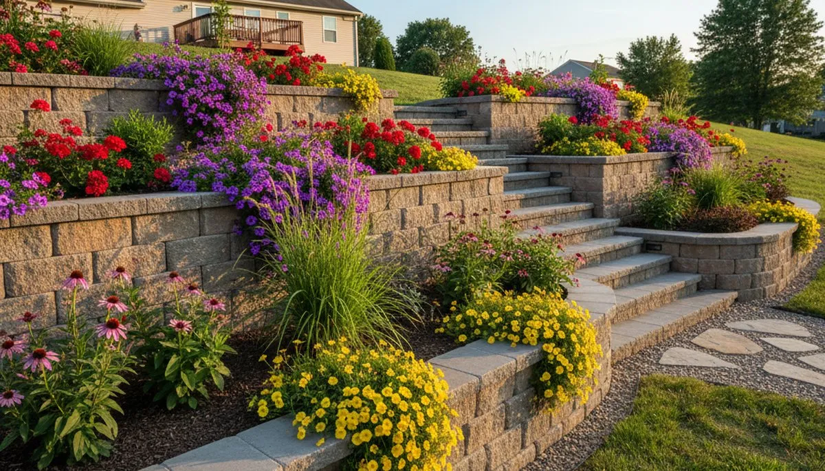 Natural stone retaining wall with tiered plantings in Gloucester City NJ by Philadelphia landscaping experts