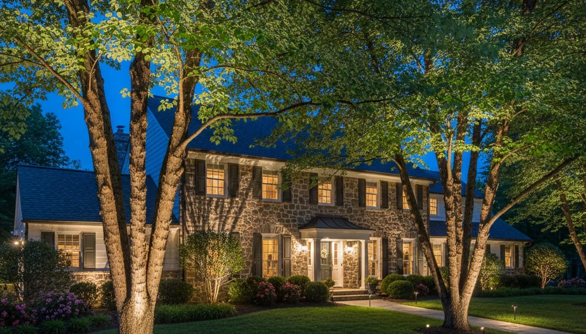 Dramatic tree uplighting design by Chop Chop Landscaping in Philadelphia, PA showcasing expert lighting.