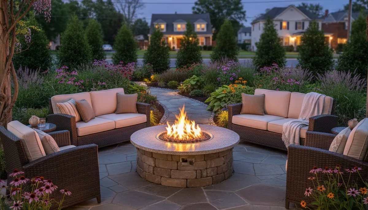 Fire pit patio with circular seating and native landscaping in Camden, NJ by Philadelphia landscapers