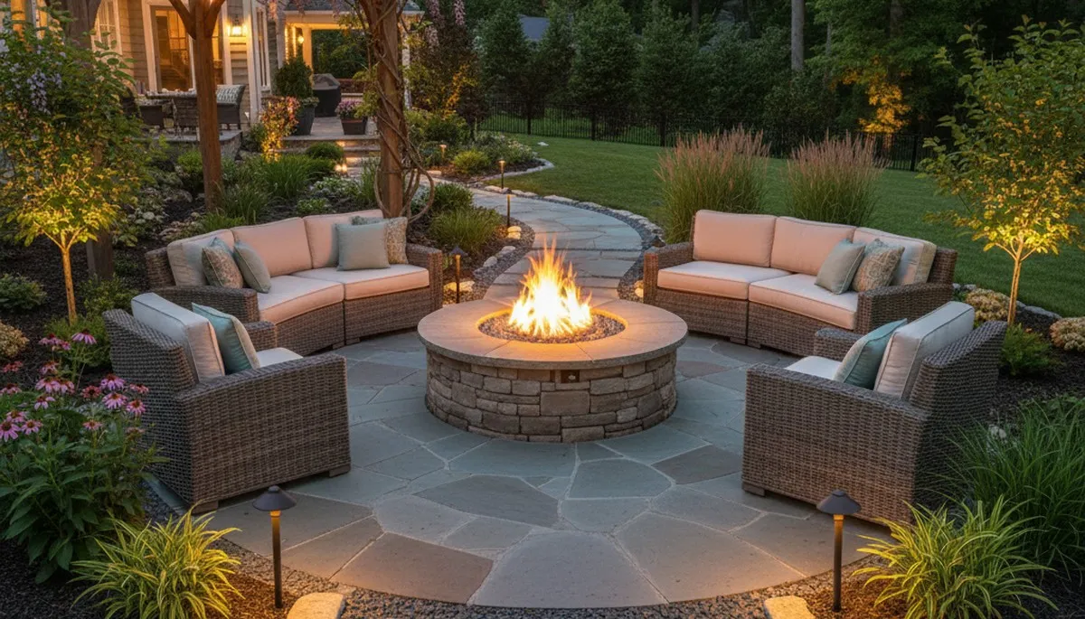 Custom fire pit patio with seating and native landscaping in Collingswood, NJ by Philadelphia landscapers