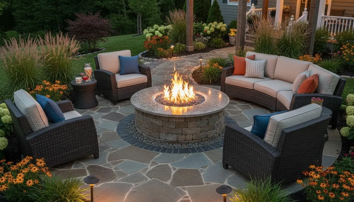 Fire pit patio with circular seating and lighting by Philadelphia landscapers in Gloucester City, NJ