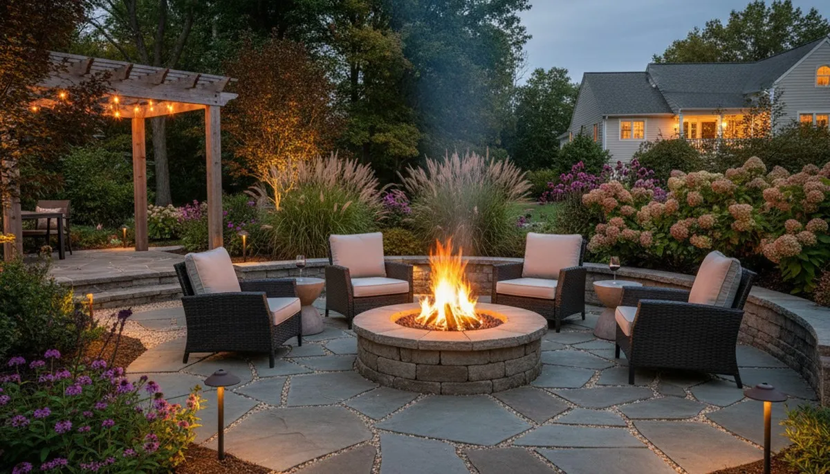 Fire pit patio with seating and native landscaping in Oaklyn, NJ by Philadelphia PA landscaping experts