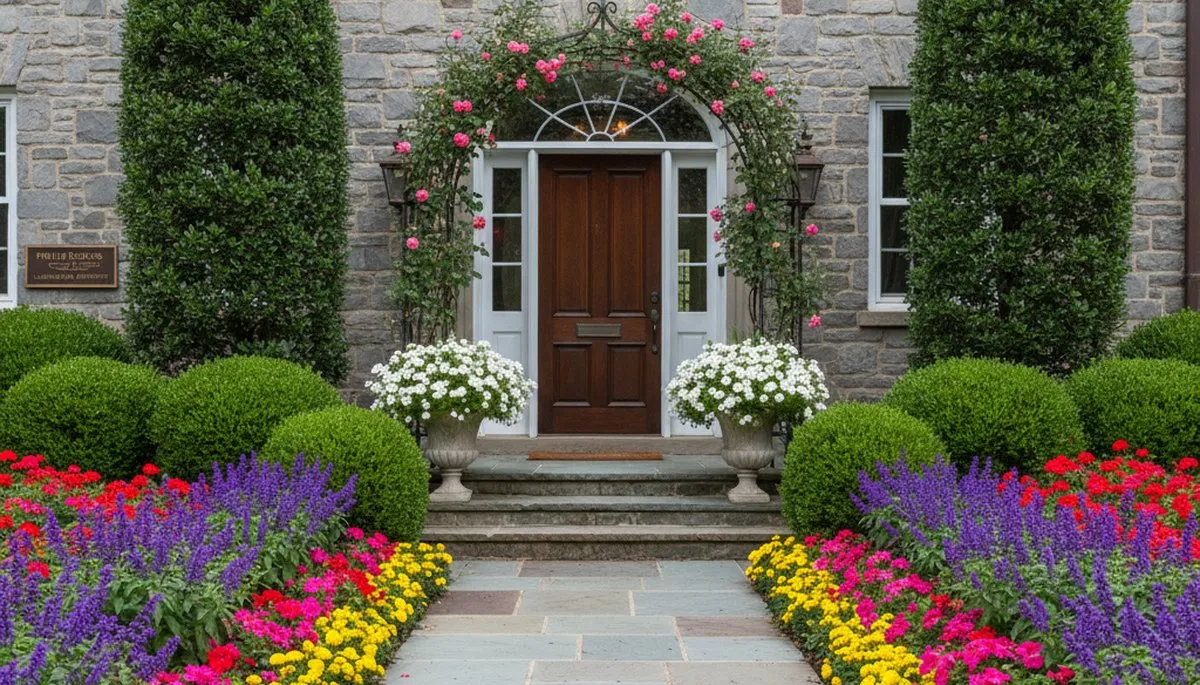 Front yard landscape design with vibrant flowers and shaped shrubs in Philadelphia, PA