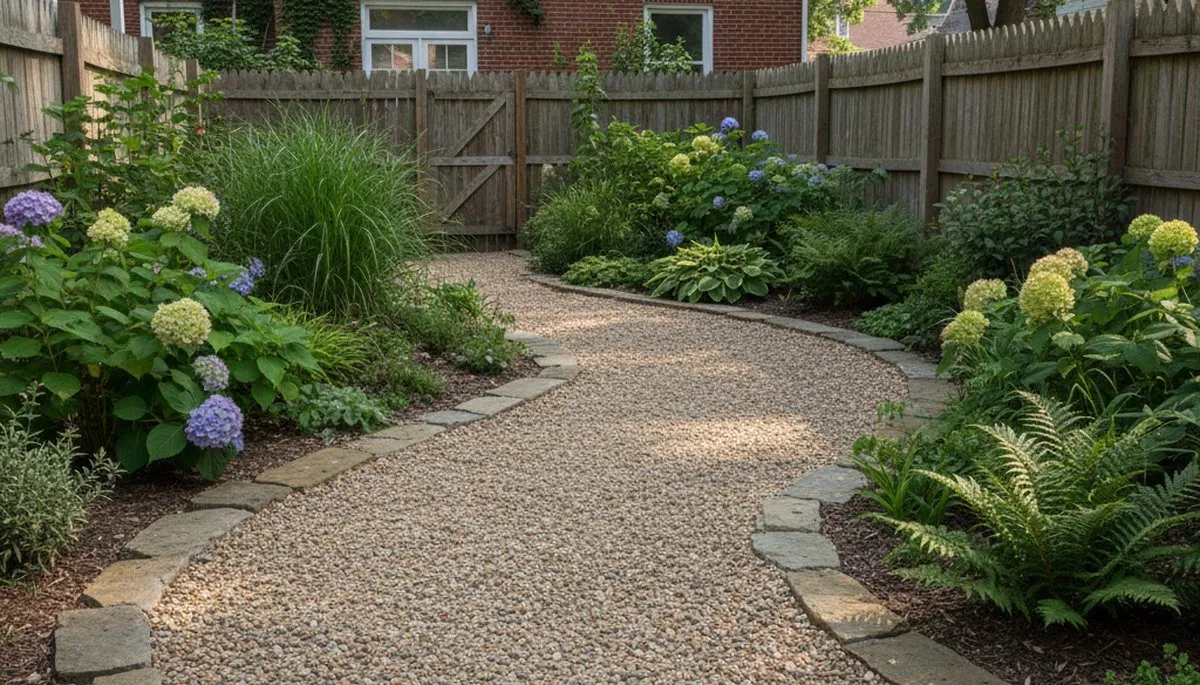 Pea gravel garden path installation in Philadelphia PA showcasing professional low maintenance landscaping