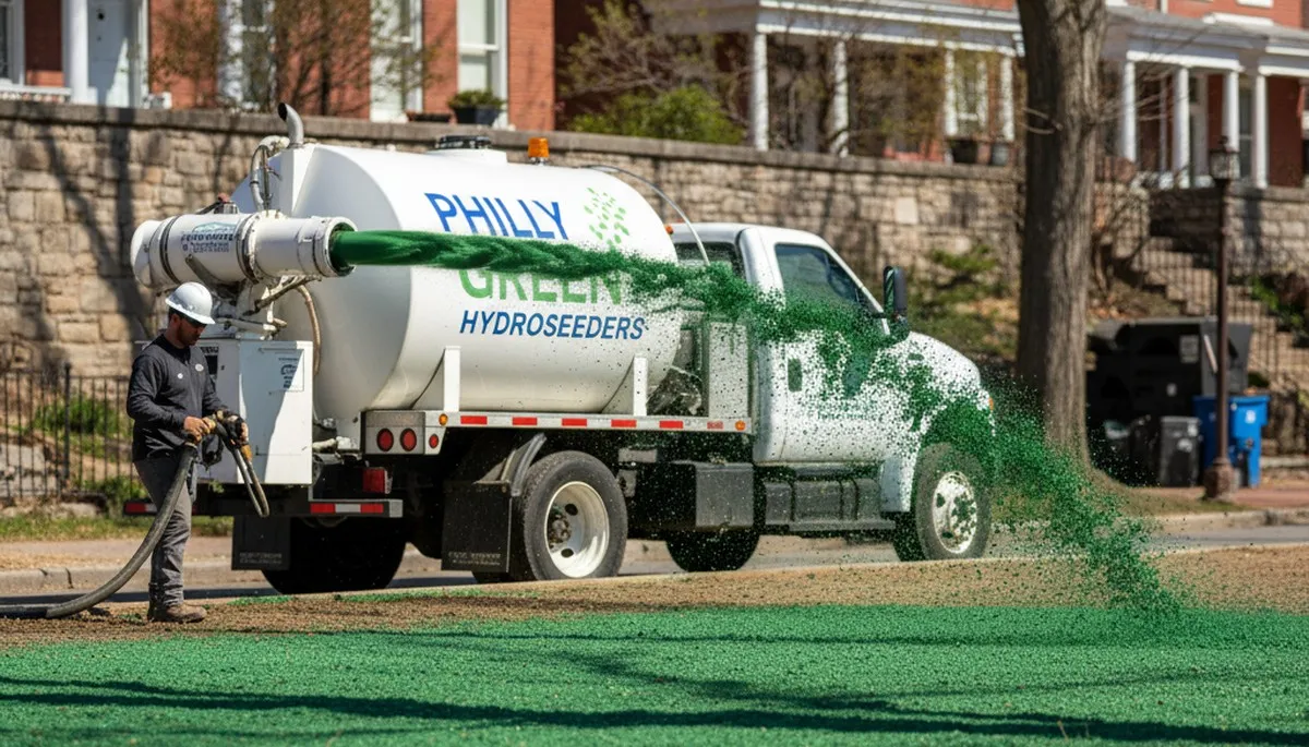 Hydroseeder truck spraying green slurry on lawn in Philadelphia PA for professional landscaping service