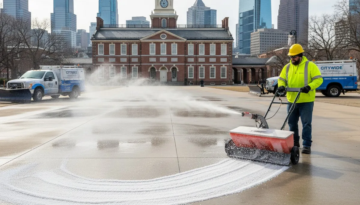 Professional de-icing and salt application for ice control by landscapers in Philadelphia, PA