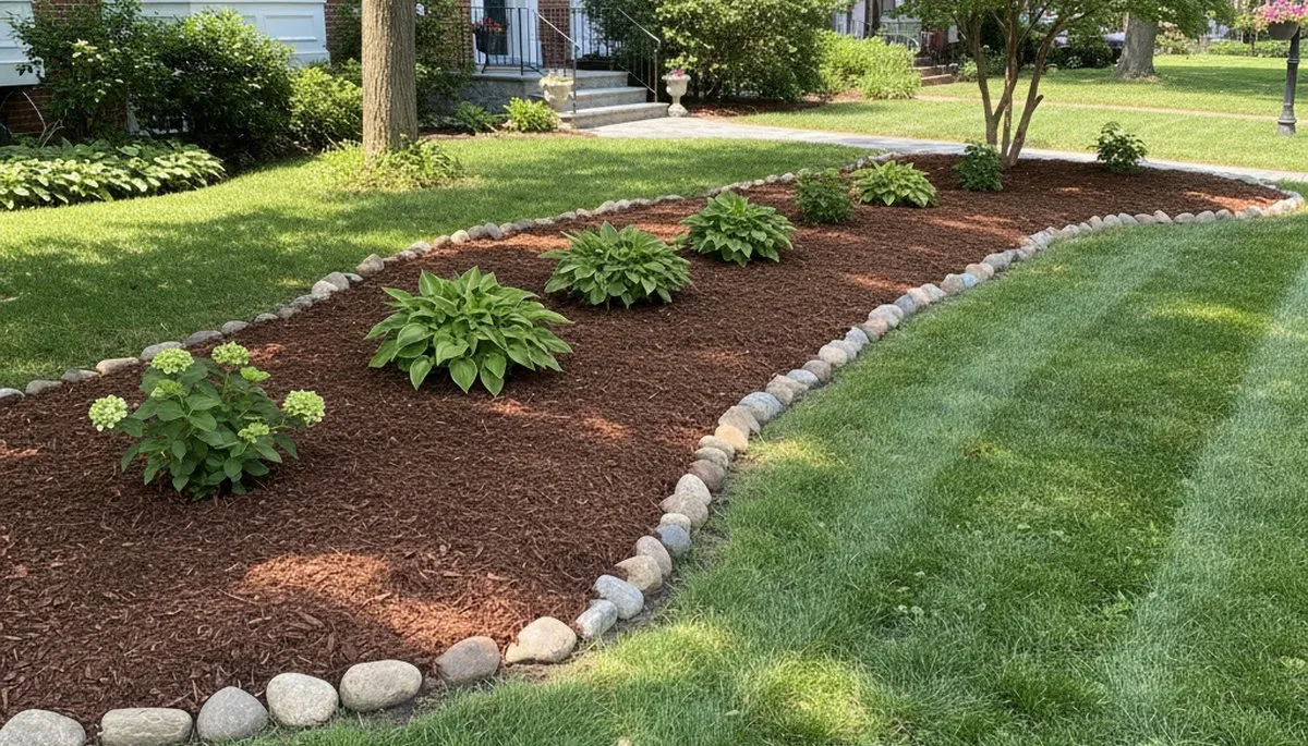 Fresh mulch and crisp bed edging by professional landscapers in Philadelphia, PA