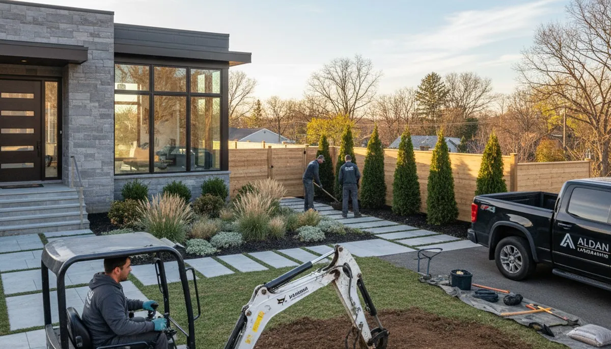 Philadelphia, PA landscaping crew maintaining a residential yard with professional lawn care services