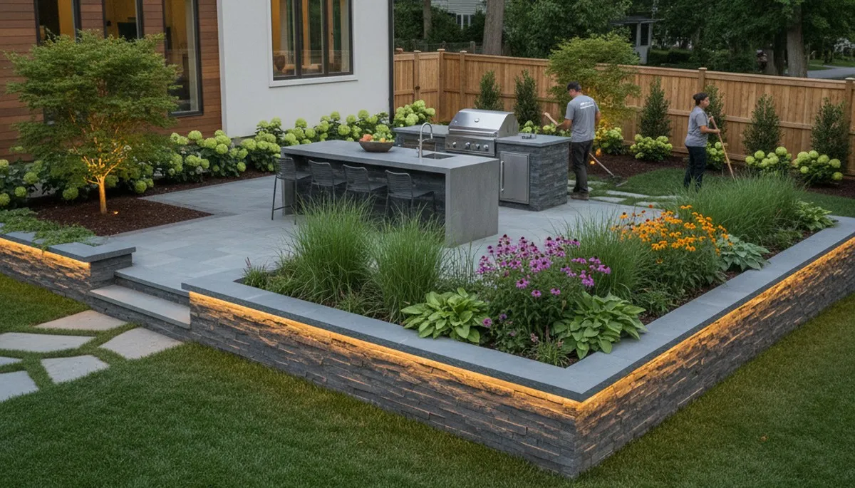 Landscaping team providing professional lawn care services in Philadelphia, PA