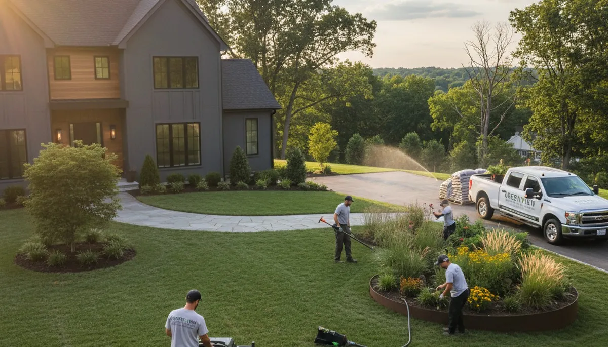 Philadelphia, PA landscaping team maintaining a residential yard with professional lawn care service