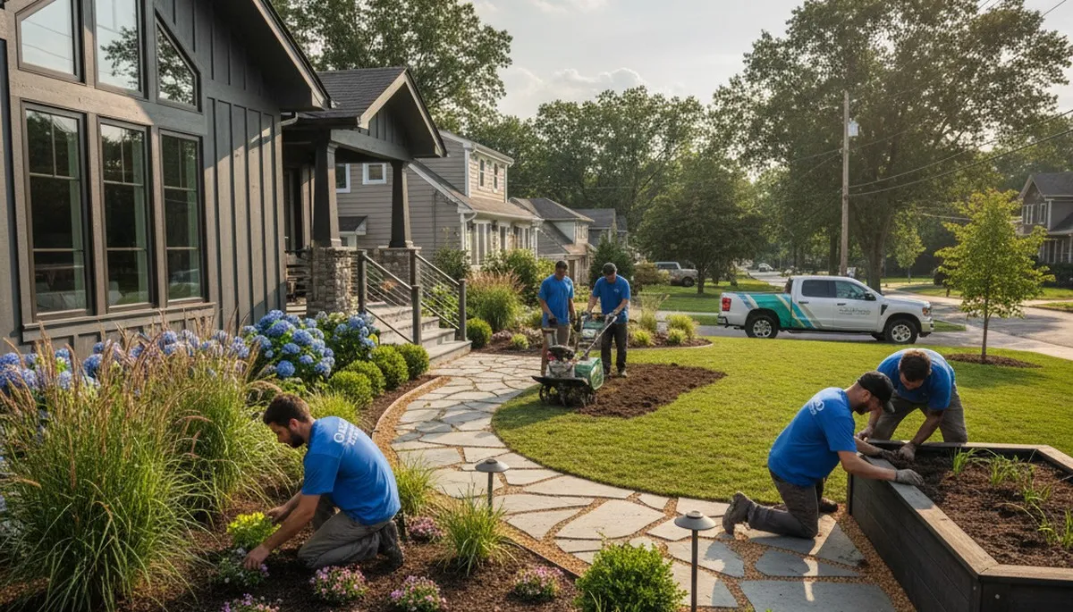 Landscaping crew providing lawn care and garden maintenance in Philadelphia, PA