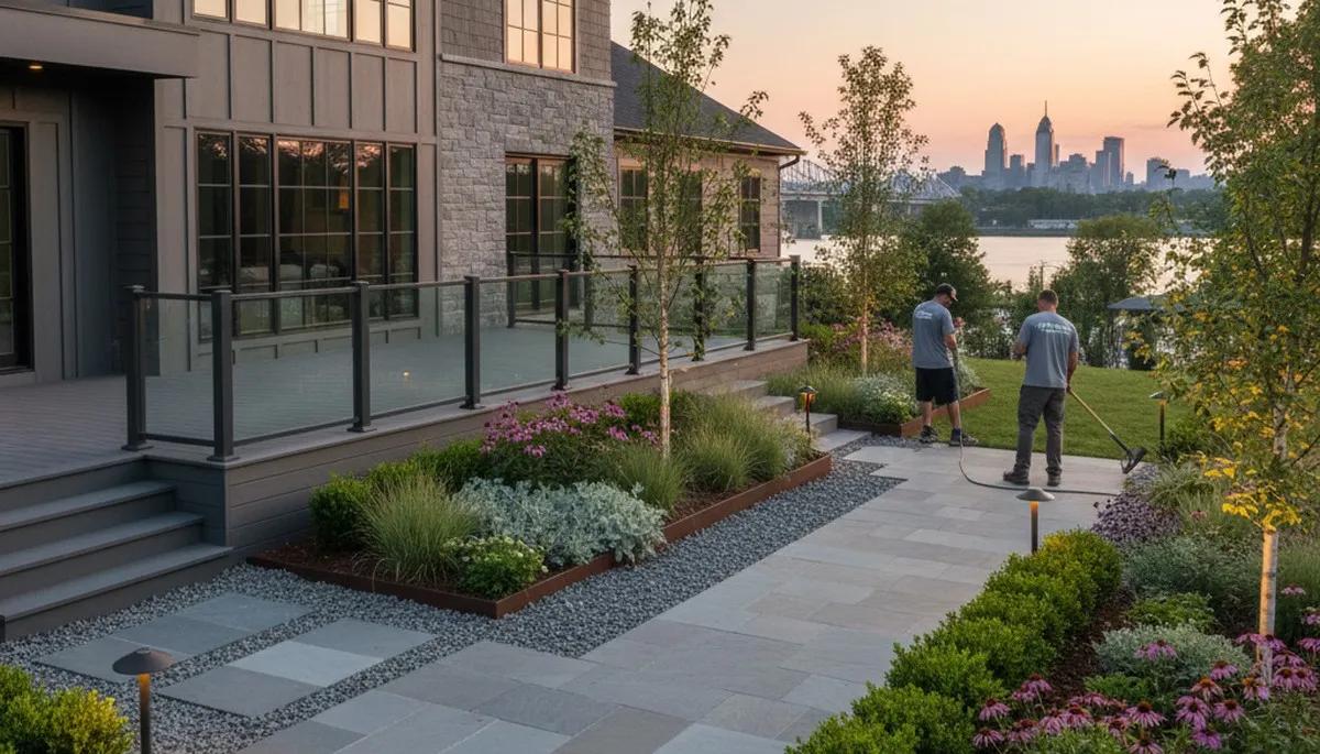 Philadelphia, PA landscaping crew maintaining a residential yard with professional lawn care services