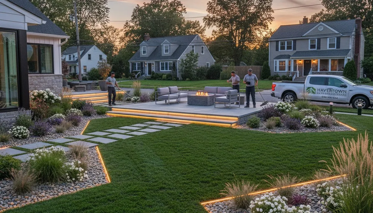 Philadelphia PA landscaping service crew maintaining a residential yard with professional landscape care