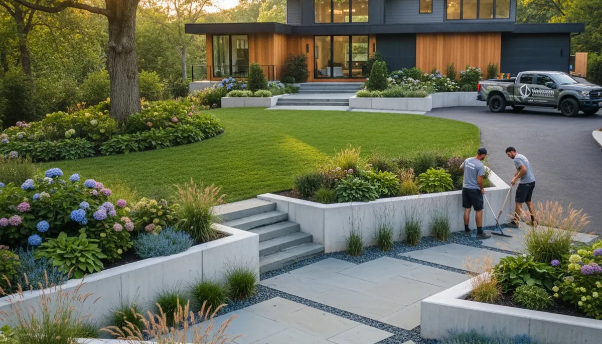 Philadelphia, PA landscaping team maintaining a residential yard with professional lawn care equipment
