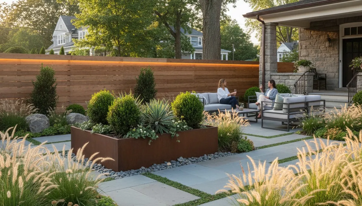 Landscaping service team in Philadelphia, PA maintaining a residential yard
