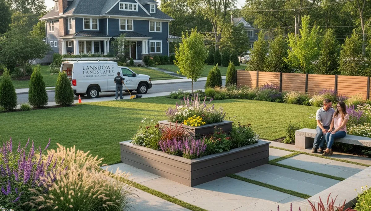 Philadelphia, PA landscaping team maintaining a residential yard with professional lawn care service
