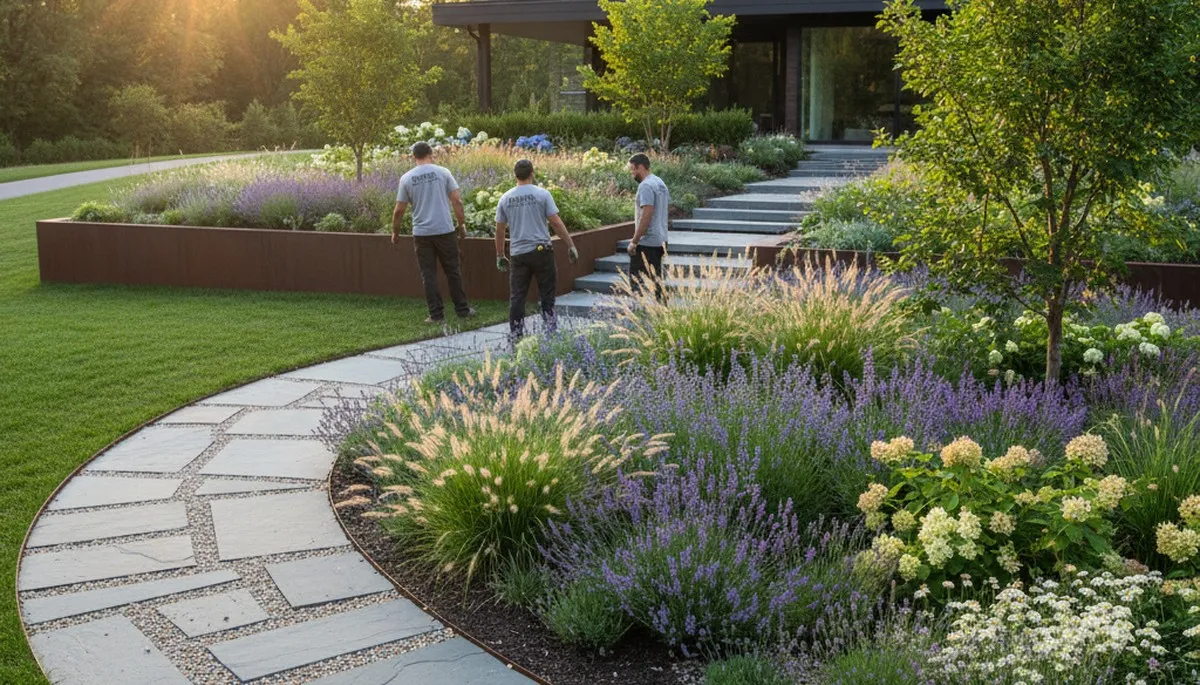 Philadelphia, PA landscaping team maintaining a residential yard with professional lawn care services
