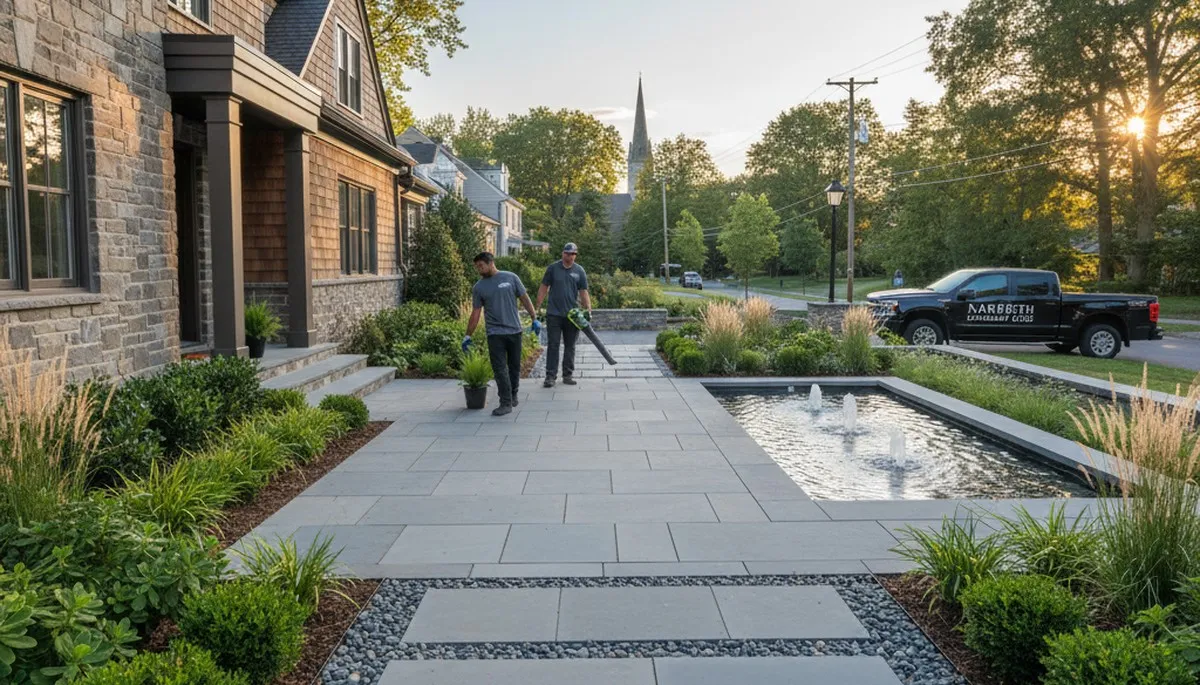 Philadelphia, PA landscaping crew maintaining a residential yard with professional lawn care tools