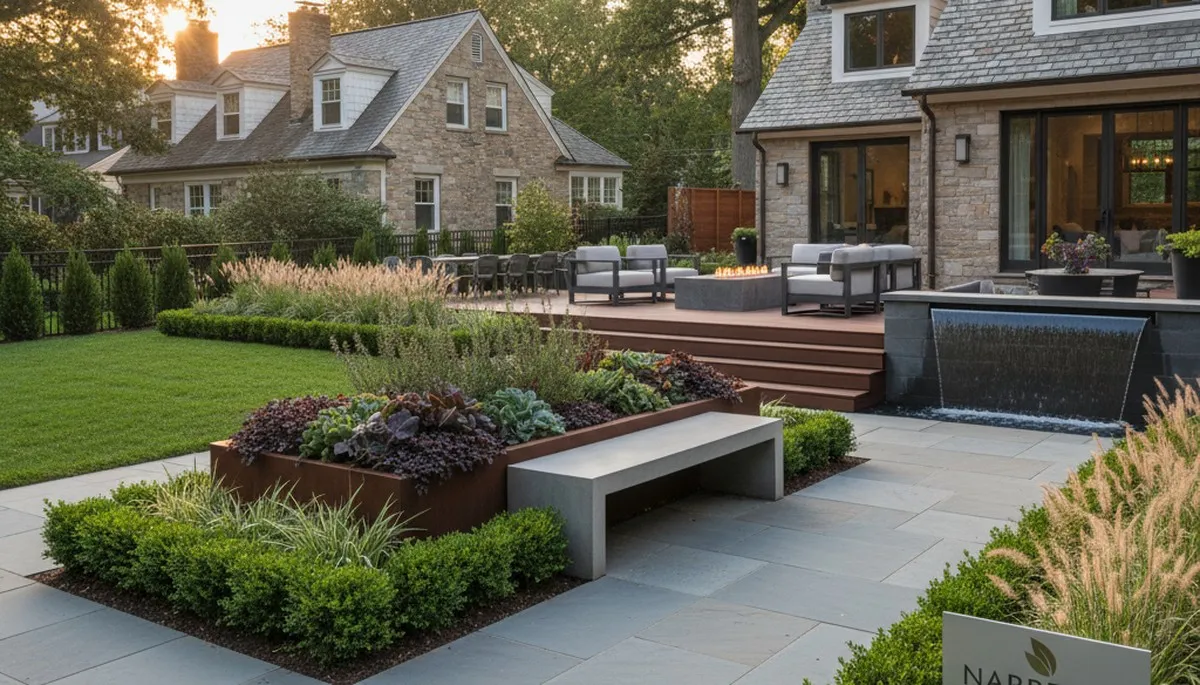 Landscaping crew servicing a Philadelphia, PA yard with professional lawn care and maintenance