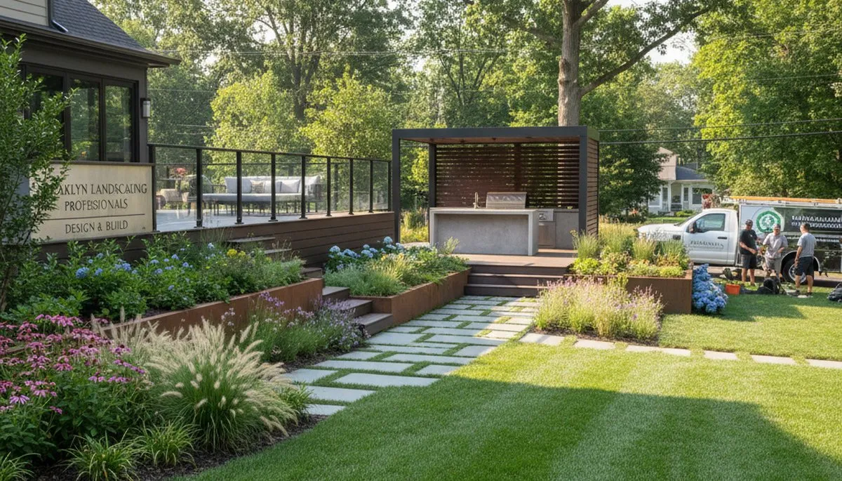 Philadelphia, PA landscaping team maintaining a residential yard with professional lawn care service