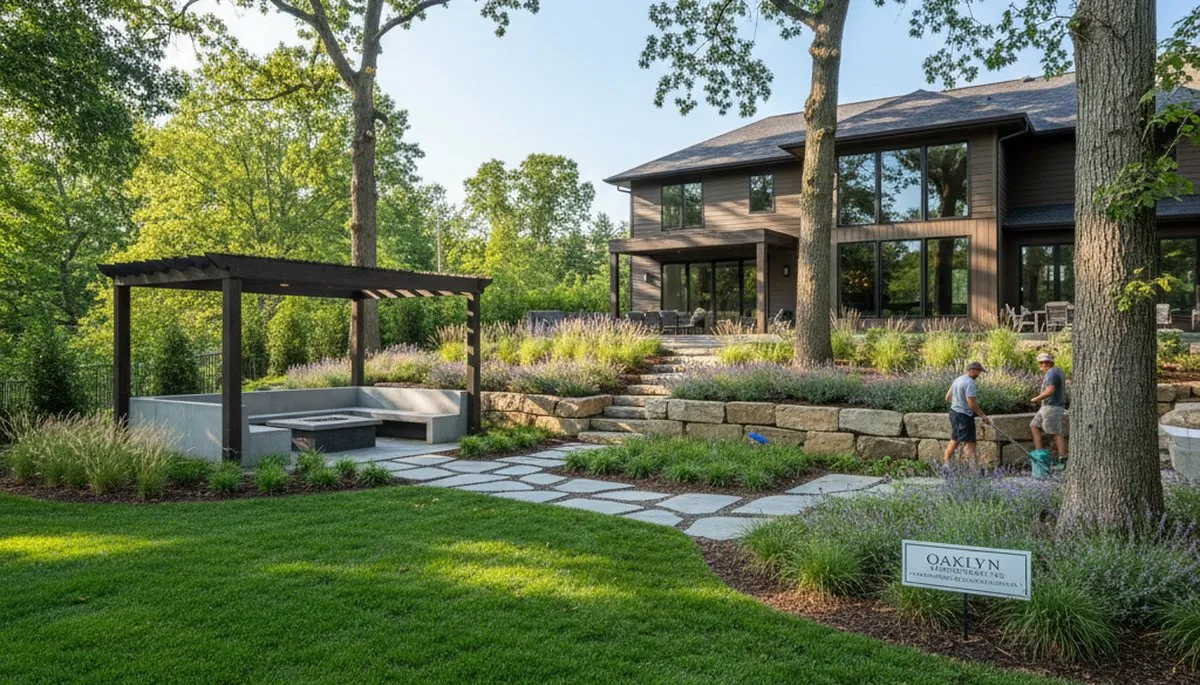 Philadelphia, PA landscaping team maintaining a residential lawn and garden beds