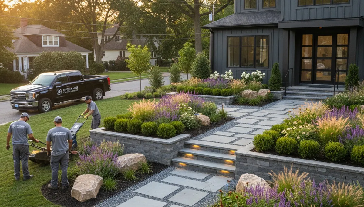 Philadelphia, PA landscaping team preparing a residential yard for maintenance and curb appeal