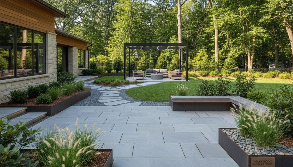 Landscaping crew servicing a Philadelphia, PA property with professional yard maintenance tools