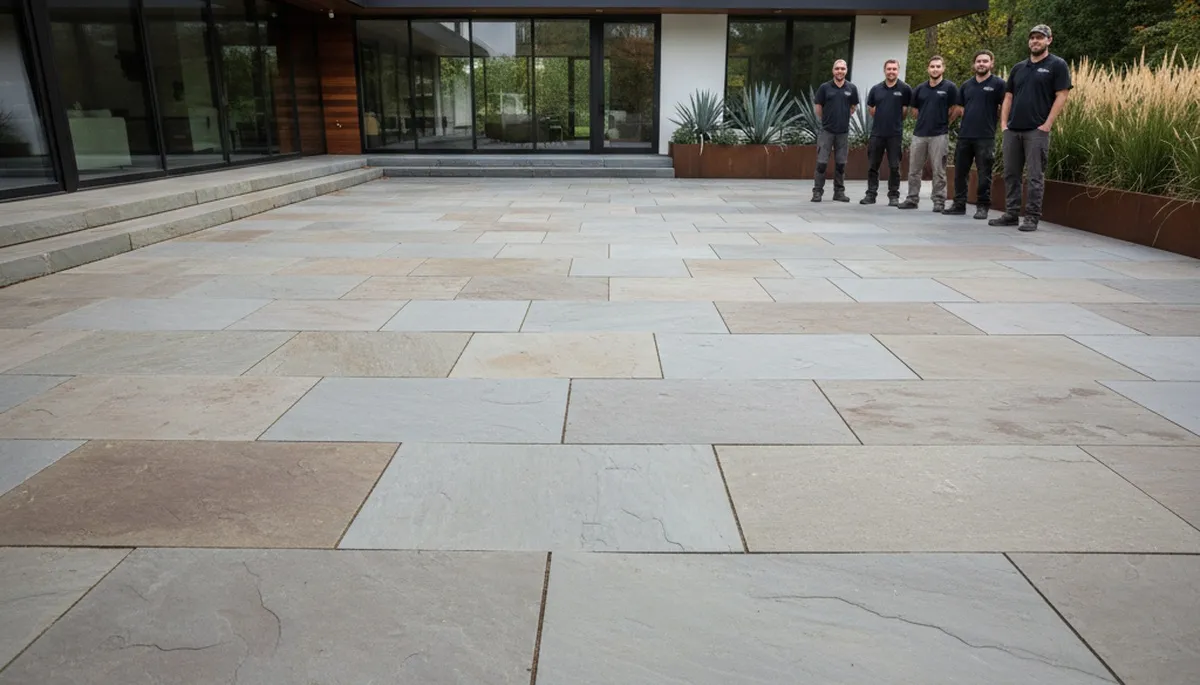Contemporary large format stone slab patio installation by professional landscapers in Philadelphia, PA