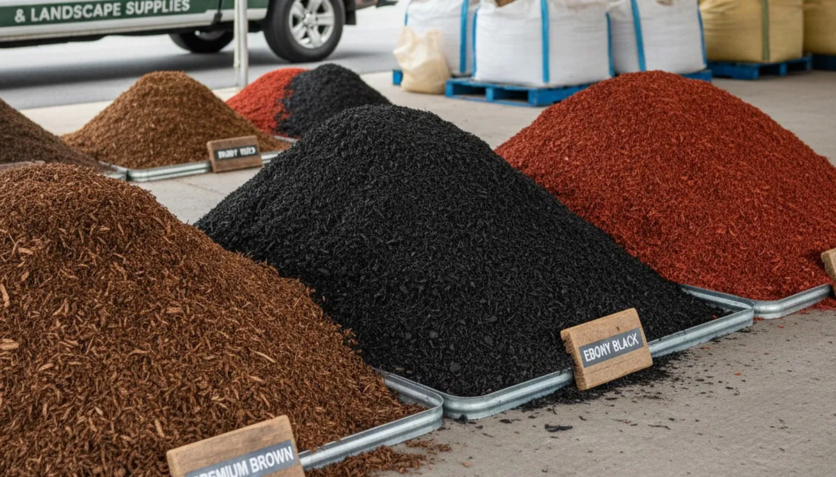 Brown, black, and red mulch varieties displayed for landscaping design in Philadelphia, PA