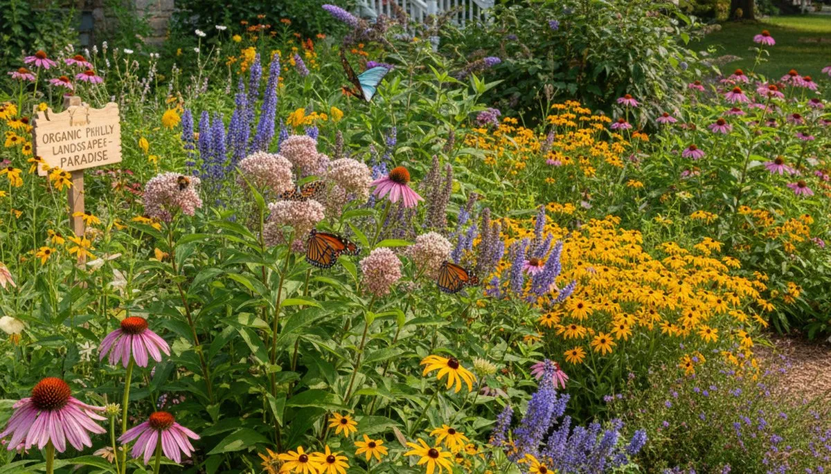 Native pollinator garden with bee-friendly flowers by organic landscapers in Philadelphia, PA