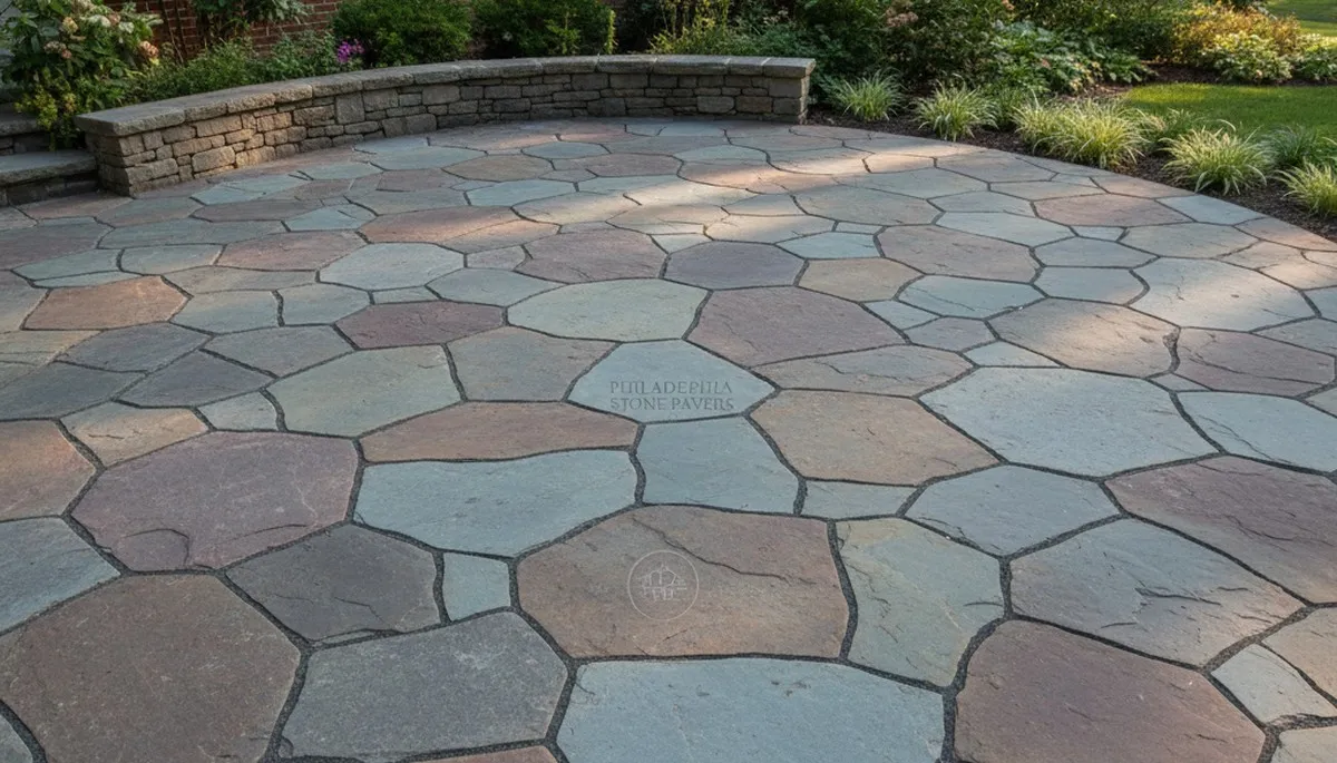 Flagstone patio with natural stone pavers installed by professional landscapers in Philadelphia, PA