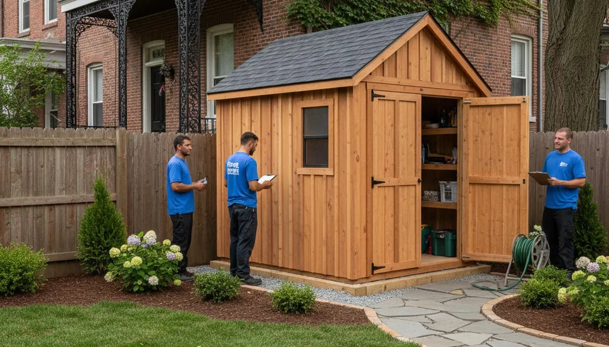 New backyard shed installation by professional landscapers in Philadelphia, PA