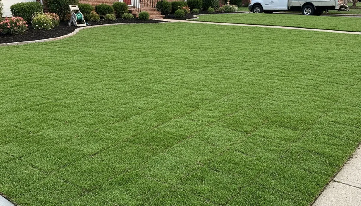 Freshly installed vibrant green sod lawn by professional landscapers in Philadelphia, PA
