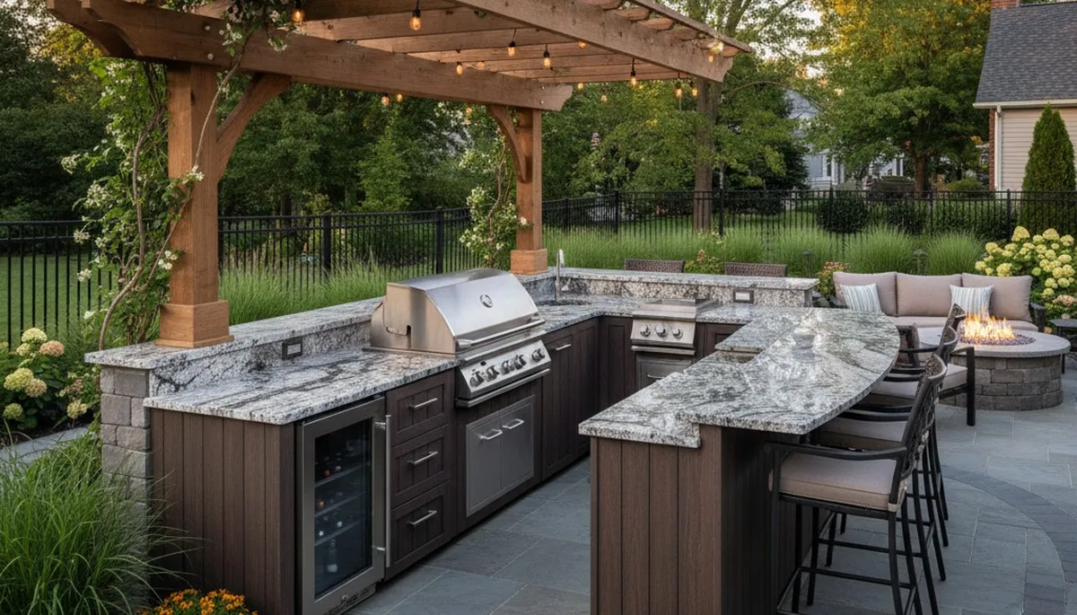 Outdoor kitchen with pergola and granite countertops by Philadelphia landscapers in Camden, NJ