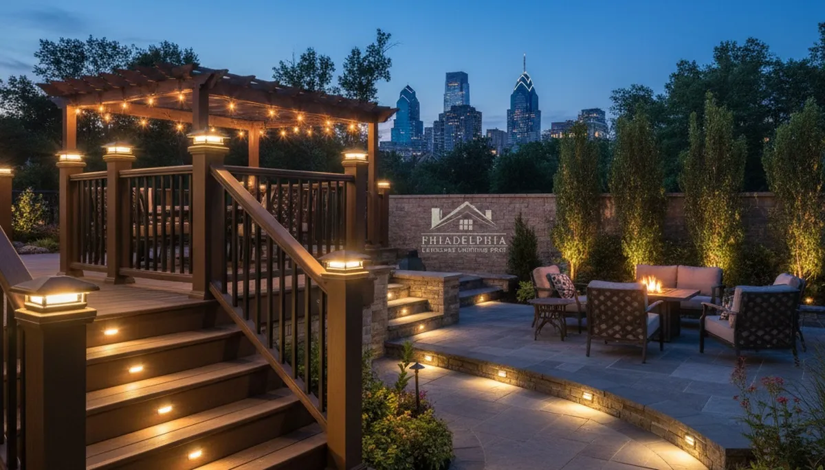 Outdoor landscape lighting on deck and patio in Philadelphia, PA by Chop Chop Landscaping