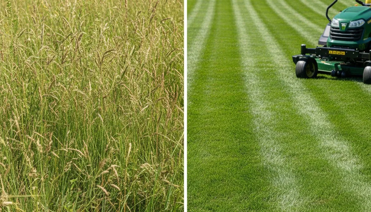 Before and after lawn mowing showing overgrown vs trimmed grass by landscapers in Philadelphia, PA