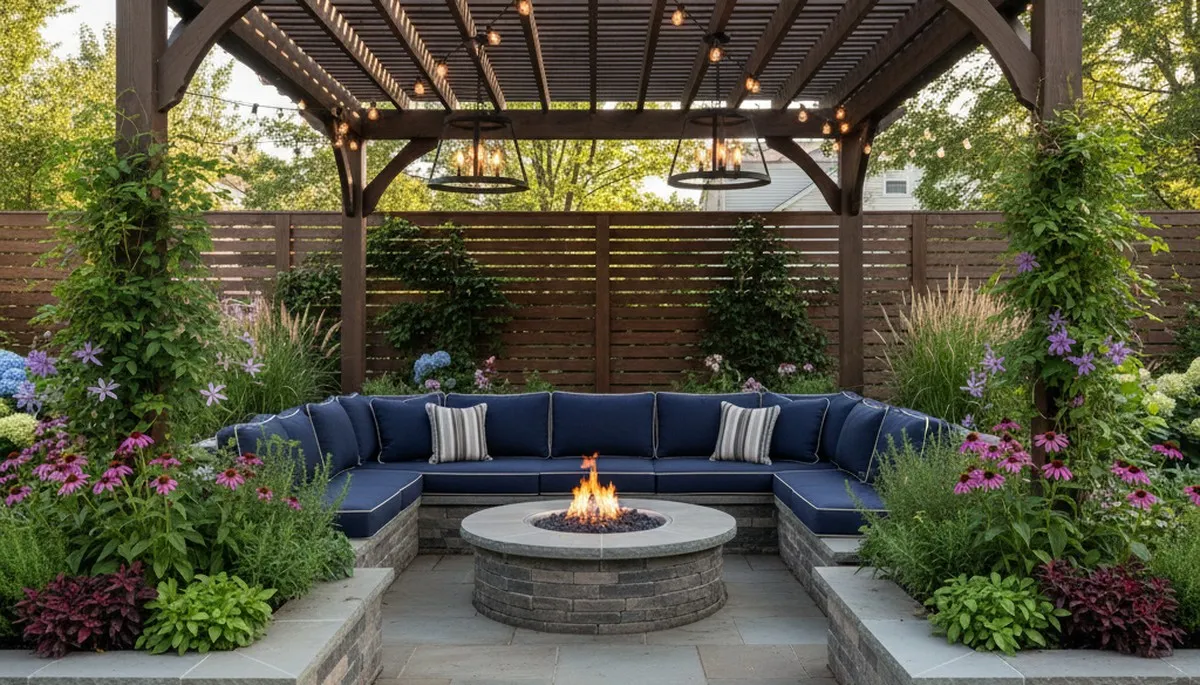 Elegant paver patio with pergola and lighting by Philadelphia landscapers in Oaklyn, NJ backyard