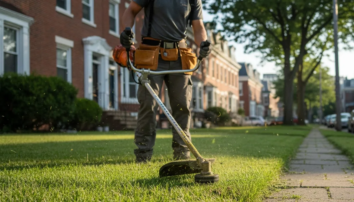 Technician edging lawn with string trimmer for precise lawn maintenance in Philadelphia, PA