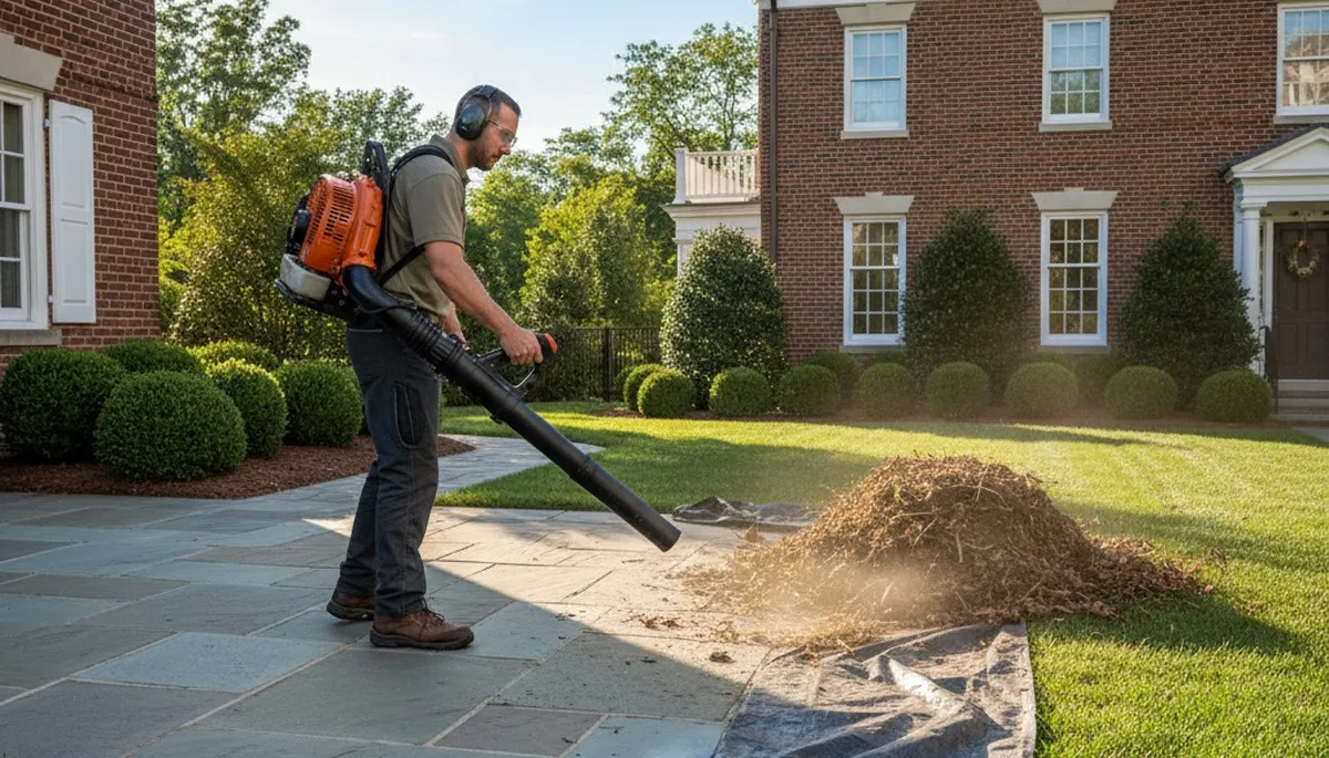 Landscaper using leaf blower for debris cleanup on a Philadelphia, PA lawn during final maintenance stage