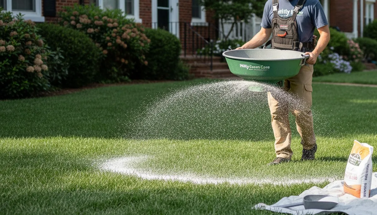 Professional lawn care technician applying fertilizer with spreader on residential lawn in Philadelphia, PA