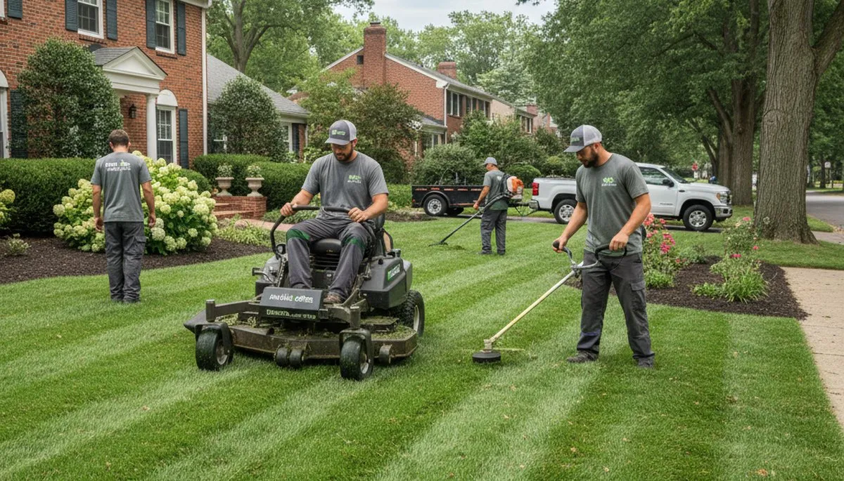 Professional lawn care crew mowing and edging a residential yard in Philadelphia, PA