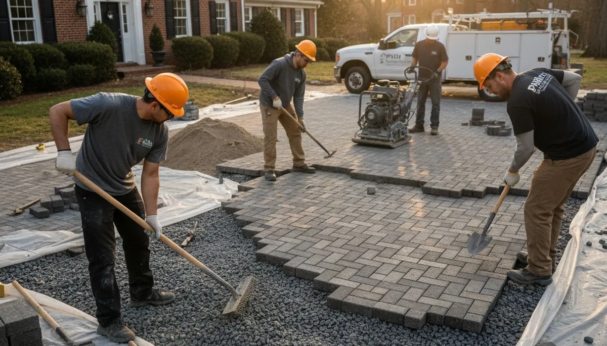 Technicians installing driveway pavers in Philadelphia PA during professional landscaping project