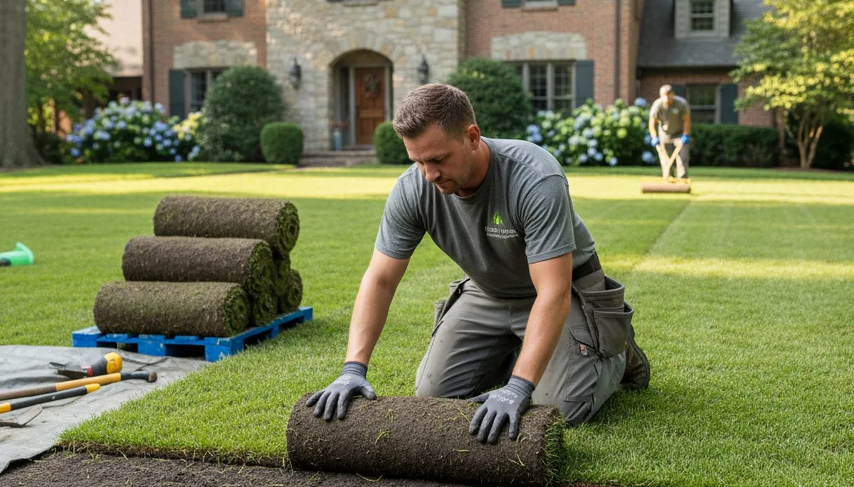 Professional landscaper installing fresh sod with precise alignment in Philadelphia, PA lawn