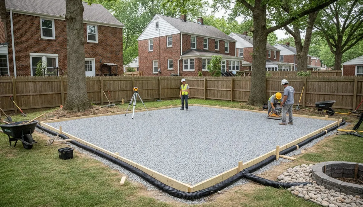Level gravel shed foundation preparation by Chop Chop Landscaping in Philadelphia, PA